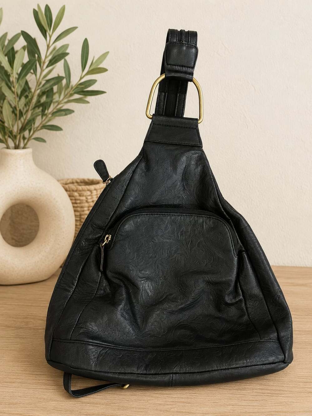 Great American Leather Works Black Leather Sling Backpack Embossed Floral Bag